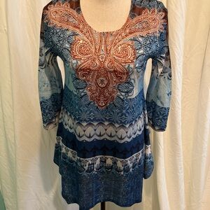 ONE WORLD Blue and Brown Orange boho blouse/dress